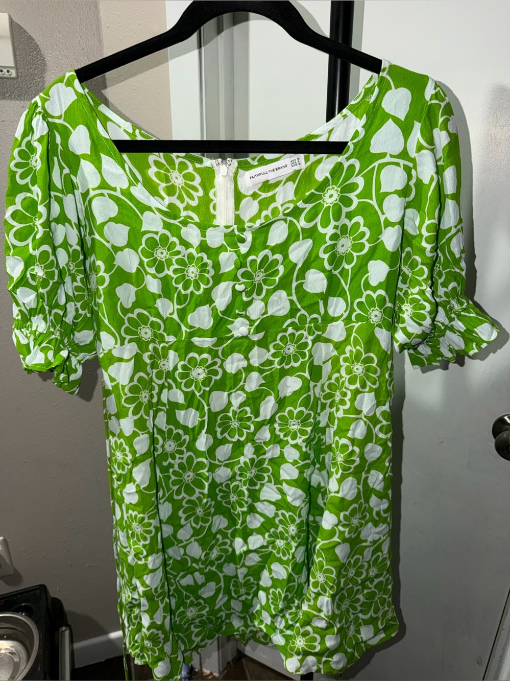 Faithfull the Brand Green & White Floral Mini Dress US 6 AU 10 Puff Sleeve